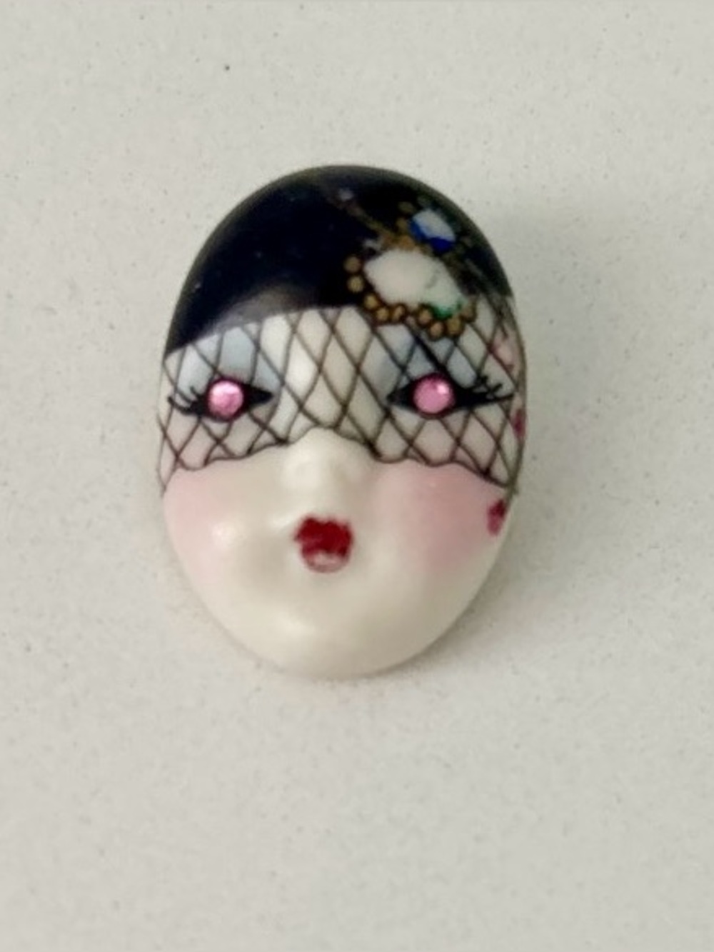 Adagio Vintage Hand-Painted Ceramic Masquerade Face Brooch Signed By Artist